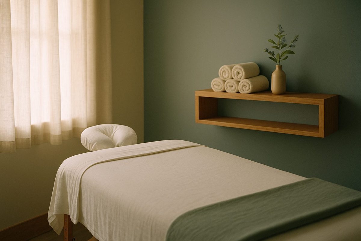 A quiet treatment room in afternoon light, the table in white linen with a sage-green blanket