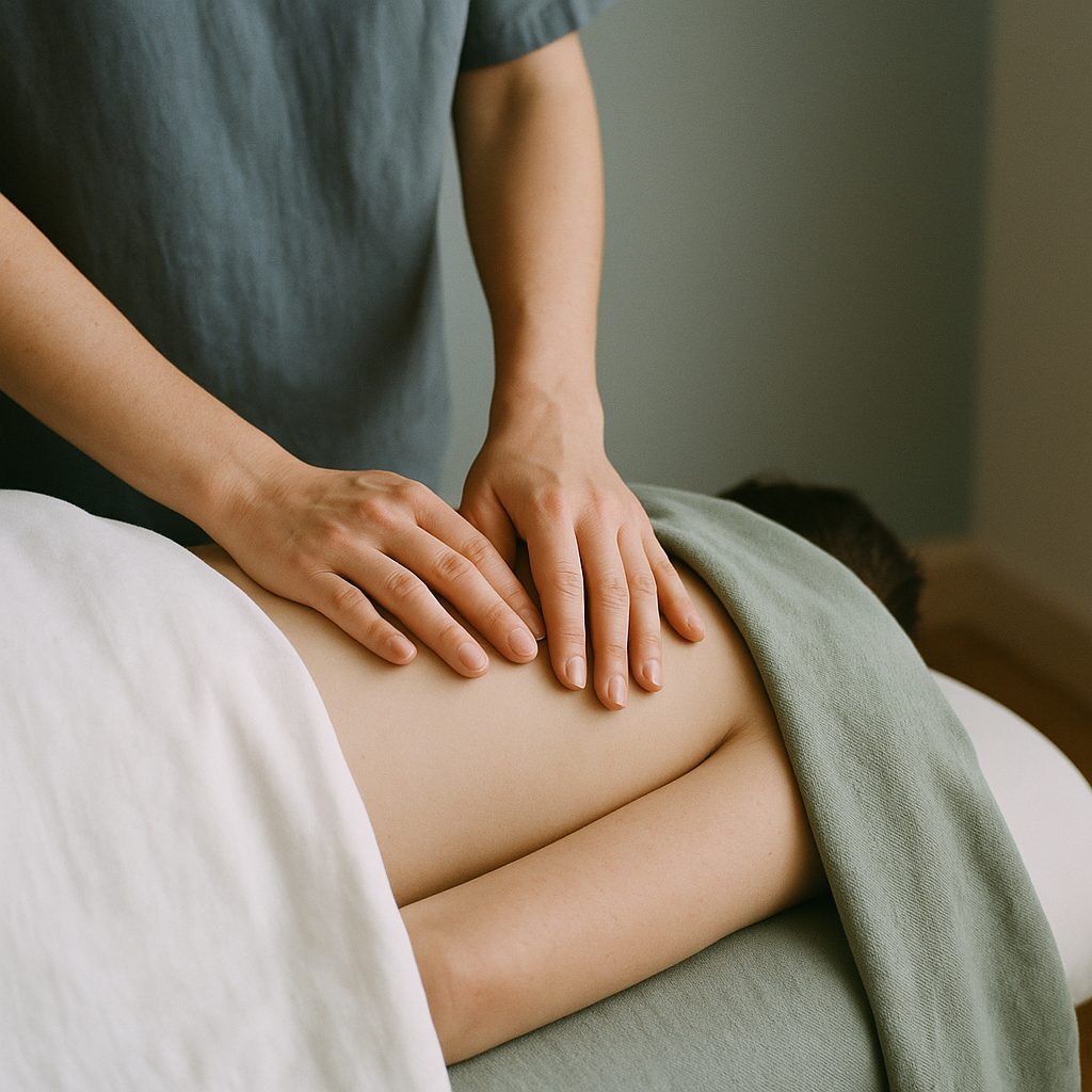 A therapist's hands resting on a client's back under a sage-green blanket
