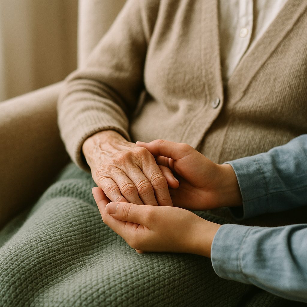 A caregiver's hands holding an older person's hand on a sage knit blanket