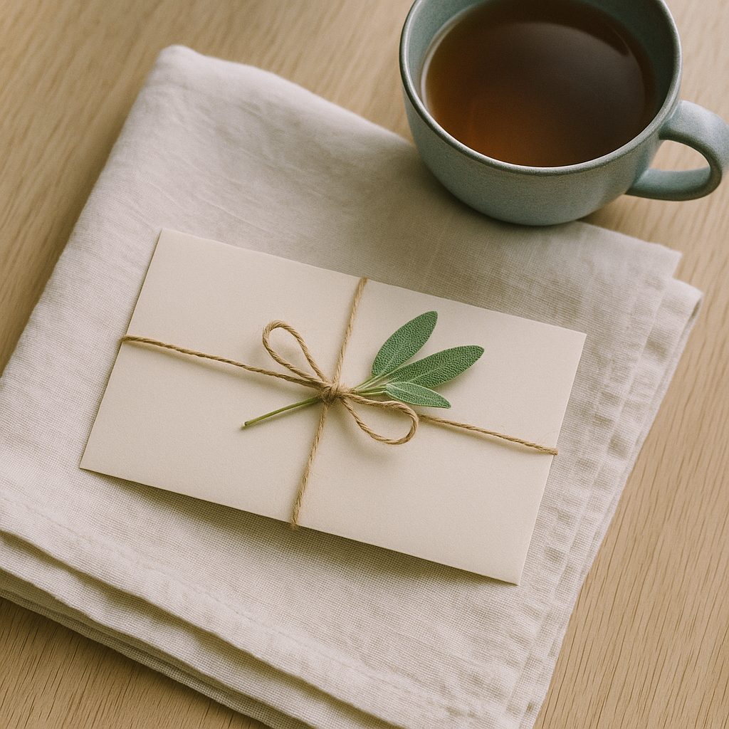 A cream gift envelope tied with twine and a sprig of sage, beside a cup of tea
