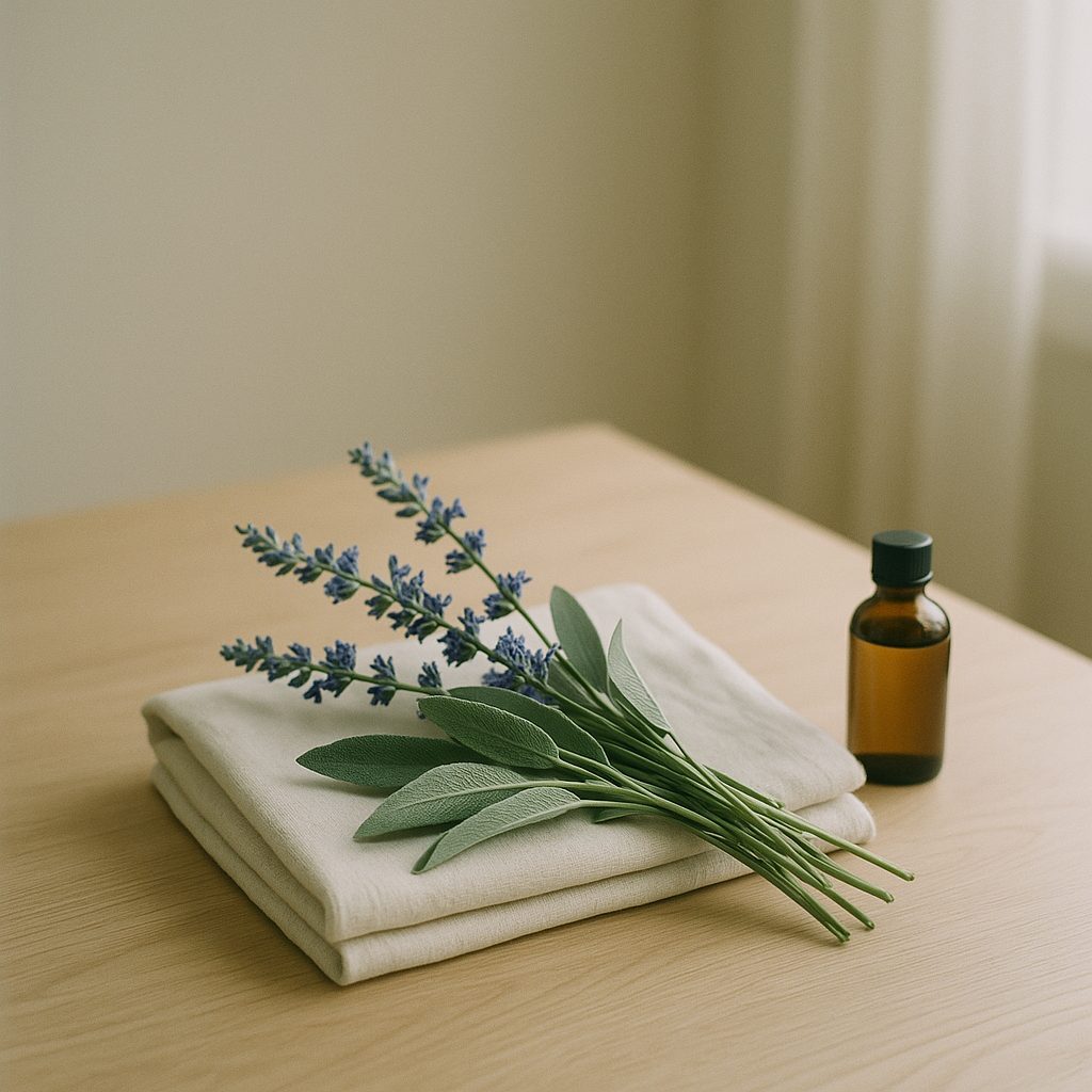 Fresh sage and blue salvia on folded white towels beside an amber bottle of massage oil