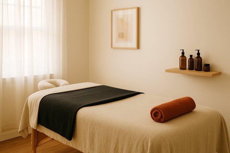 A bright treatment room with a massage table in oatmeal linen