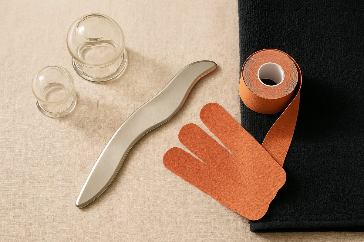Glass cupping cups, a steel soft-tissue tool and rust kinesiology tape on bone linen