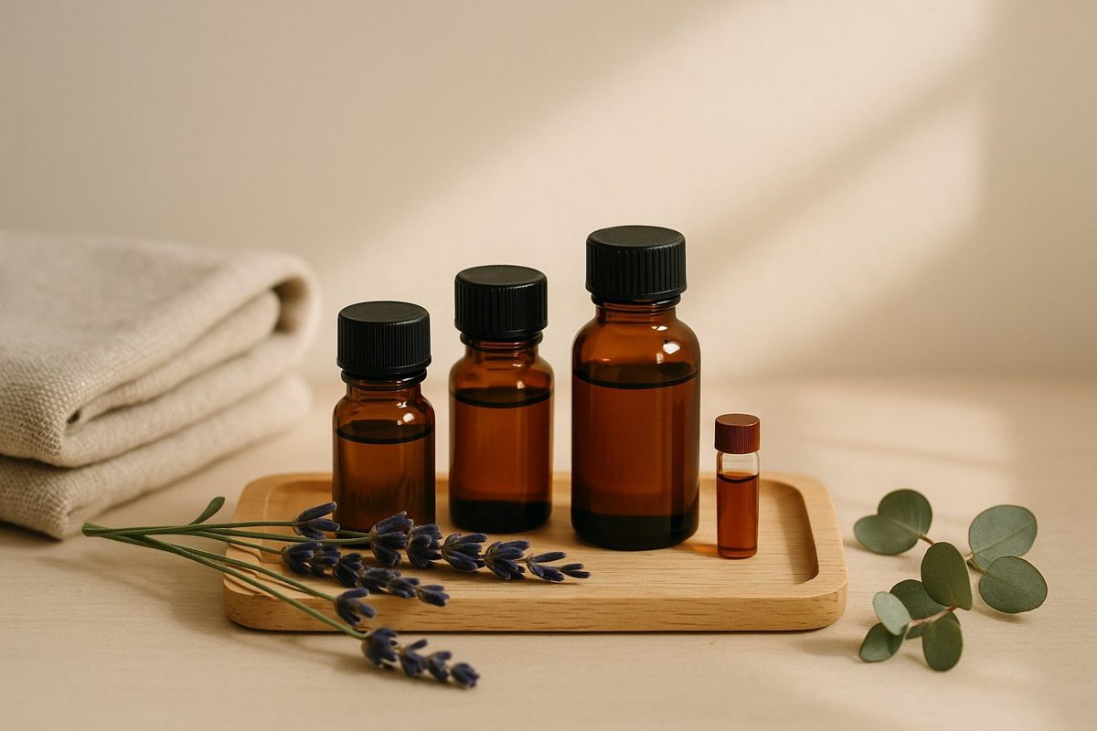 Amber essential oil bottles and a small sample vial on an oak tray with lavender and eucalyptus