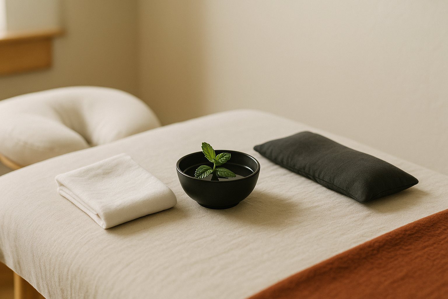 A cool folded cloth, a black bowl with peppermint and a dark eye pillow on a massage table