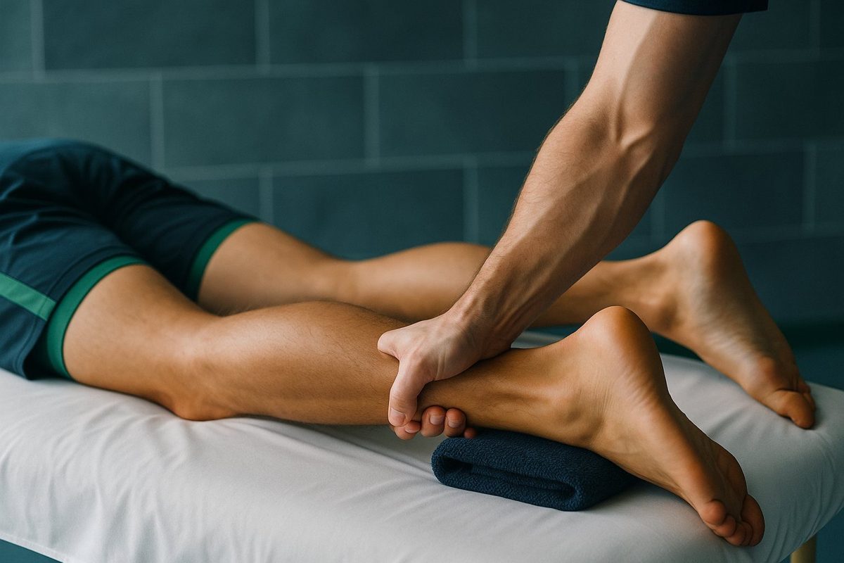 A therapist's forearm working deep into a runner's lower leg on a white-sheeted treatment table