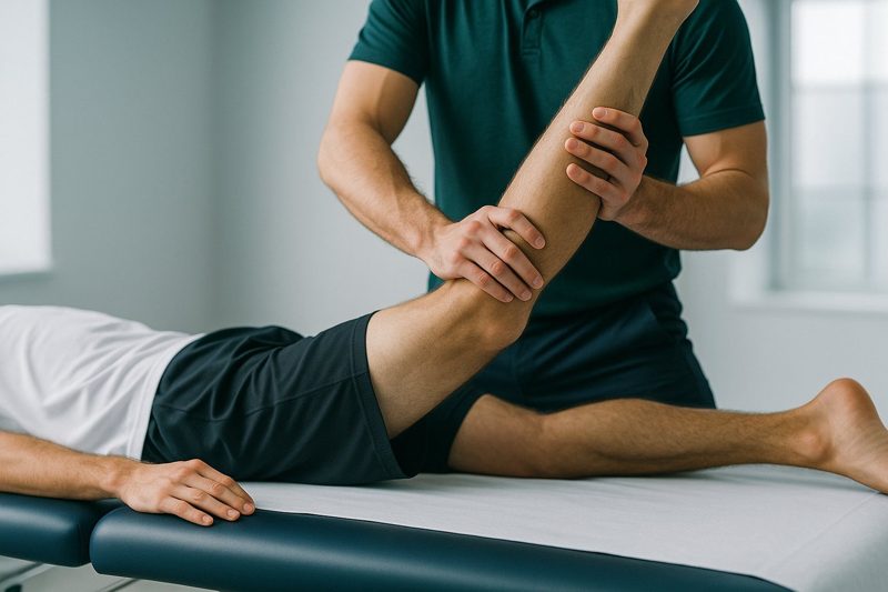 A therapist lifting a client's leg into an assisted hamstring stretch