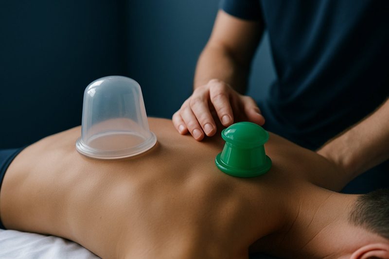 A clear and a green silicone cup on a client's upper back