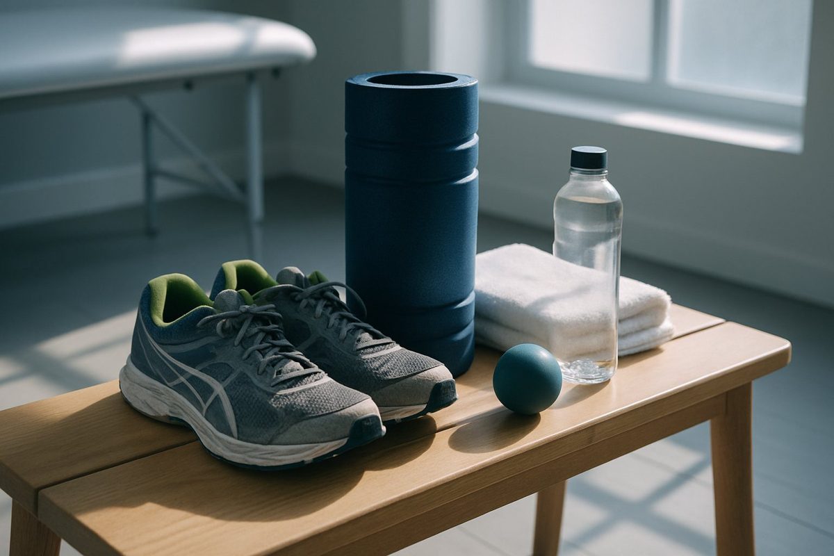 Running shoes, a navy foam roller, a towel, a massage ball and a water bottle on a wooden bench