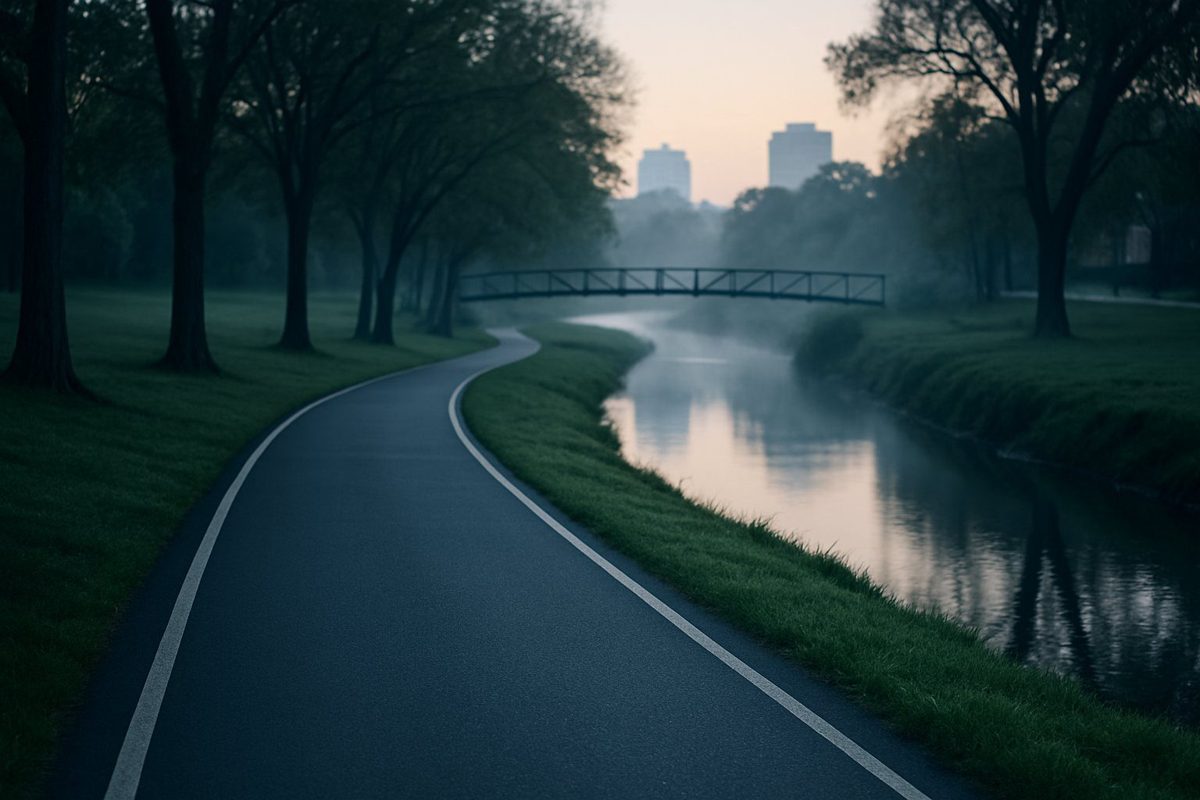 An empty creekside greenway path at sunrise, with a footbridge and city towers beyond