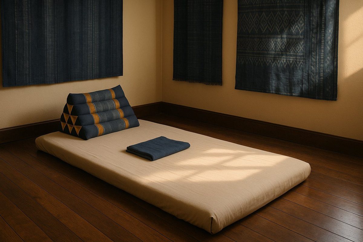 A Thai massage room: a cream floor mat on a teak floor, a triangle cushion and indigo cotton on the walls, in morning light