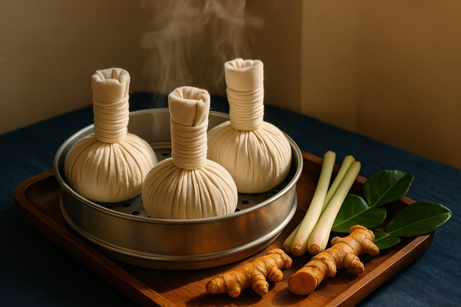 Three Thai herbal compress balls steaming beside fresh turmeric, lemongrass and kaffir lime leaves