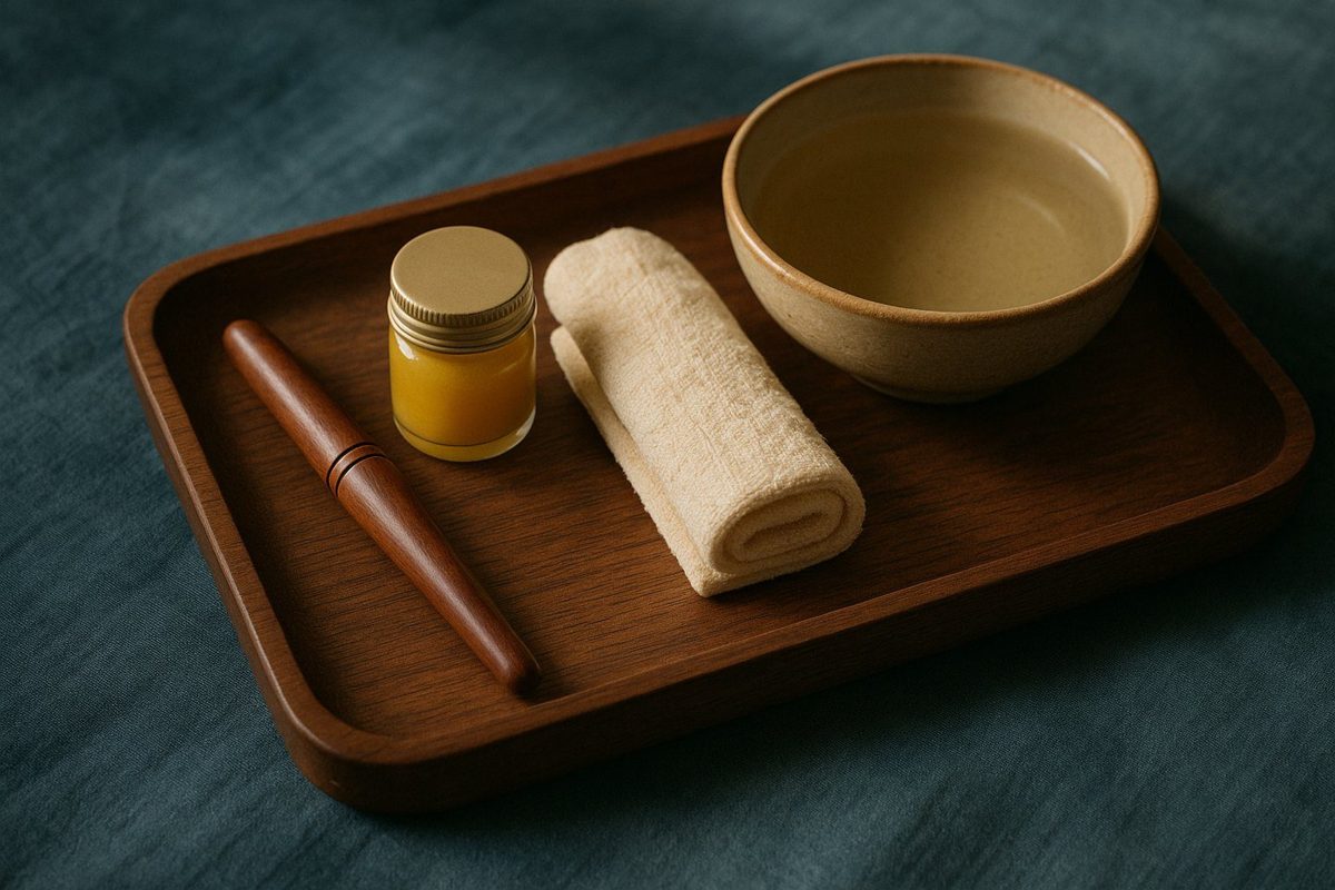 A wooden reflexology stick, herbal balm, a towel and a bowl of warm water on a teak tray