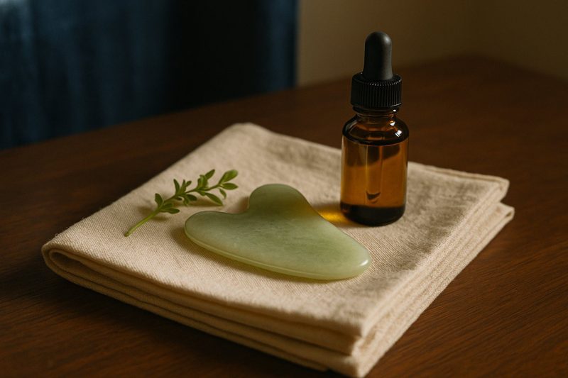 A jade gua sha stone and facial oil on cream cotton
