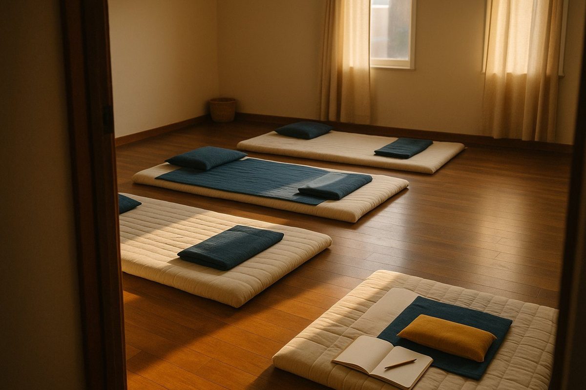 Thai massage floor mats laid out in a quiet training room, a notebook on the nearest one