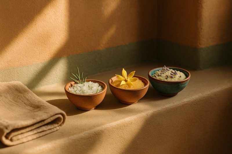 Rosemary salt, ylang-ylang sugar and lavender cornmeal scrubs in clay bowls