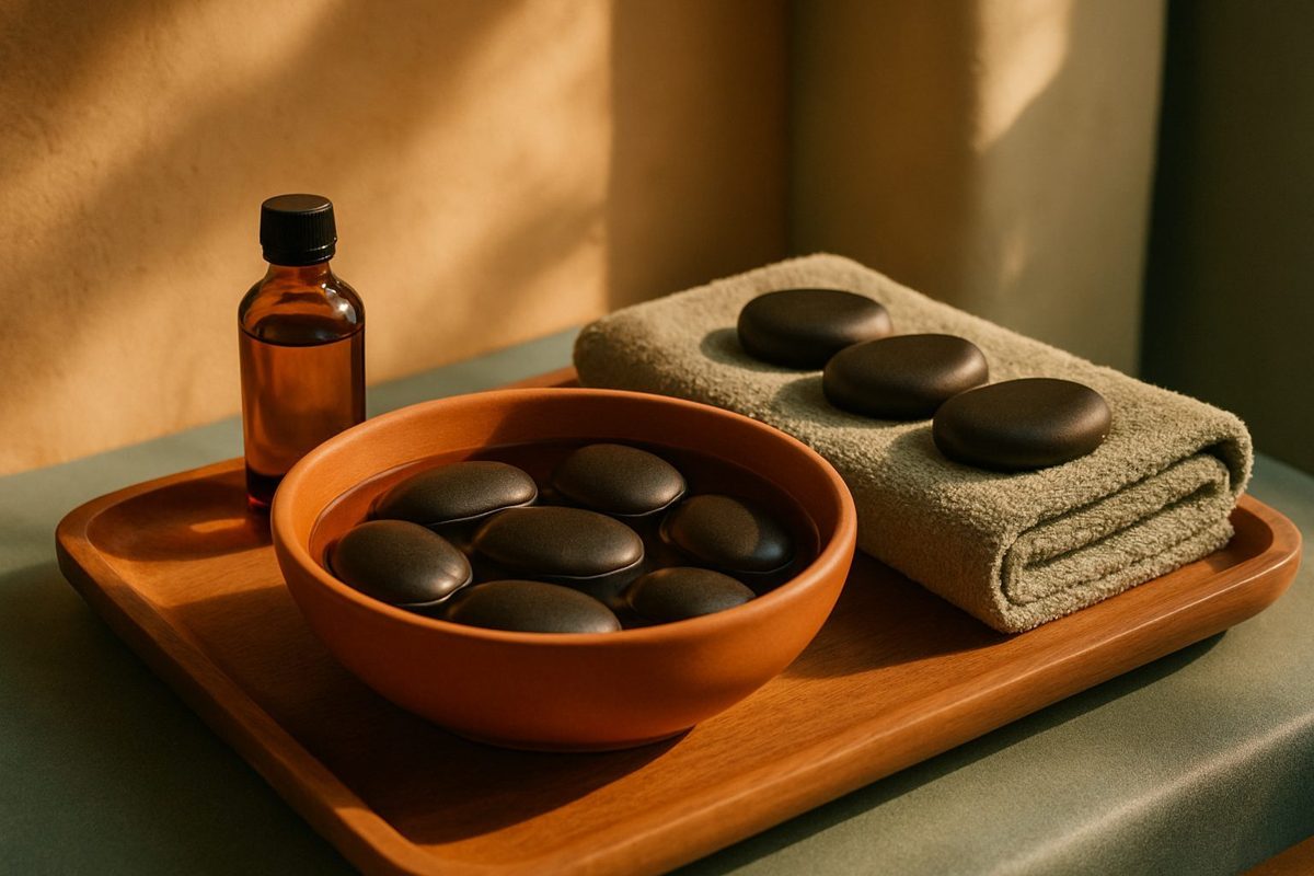 Smooth basalt massage stones in a terracotta bowl on a wooden tray, beside a folded towel and a bottle of oil