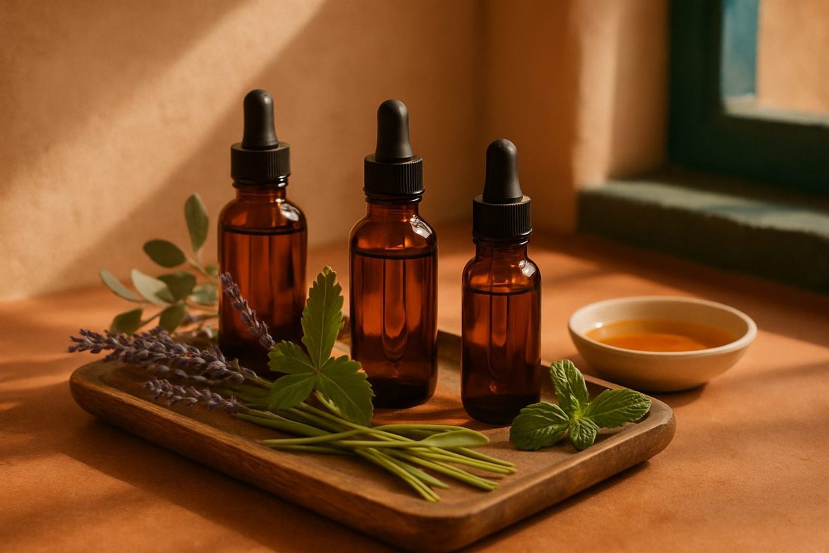 Amber aromatherapy bottles on a wooden tray with lavender, eucalyptus, lemongrass and rose geranium