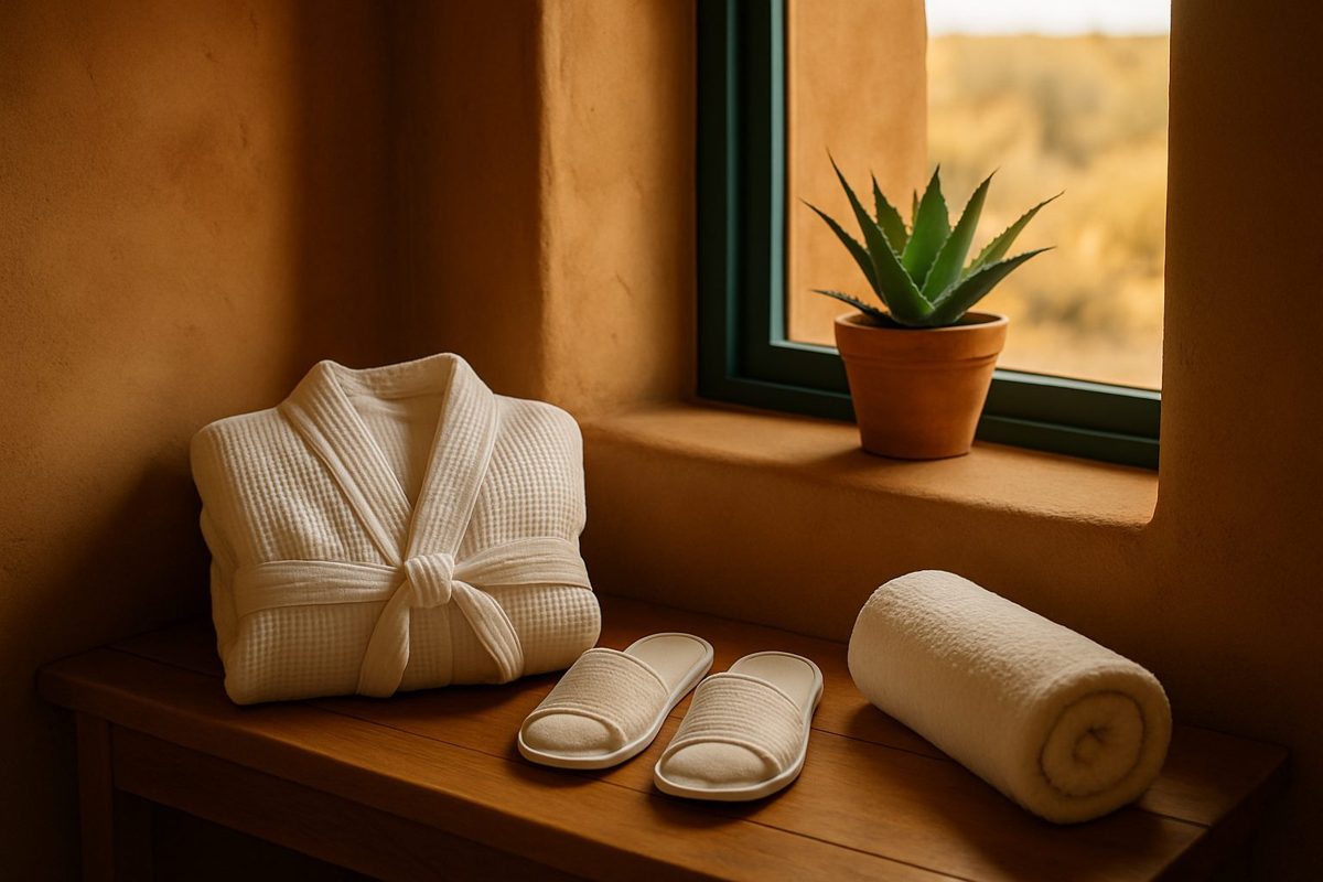 A folded white waffle robe, spa sandals and a rolled towel on a cedar bench under a deep window