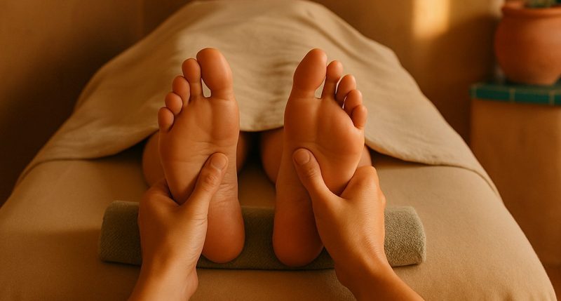 A therapist's thumbs working the soles of a client's feet at the end of a massage table