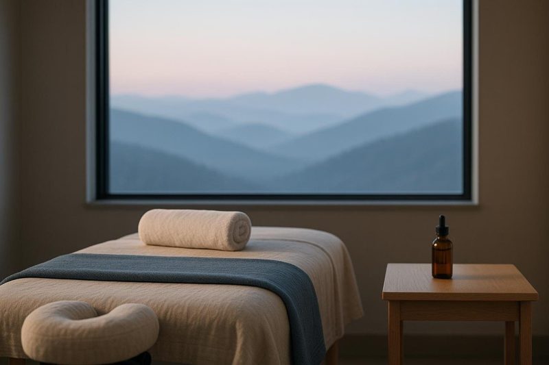 A calm treatment room with a massage table in oatmeal linen