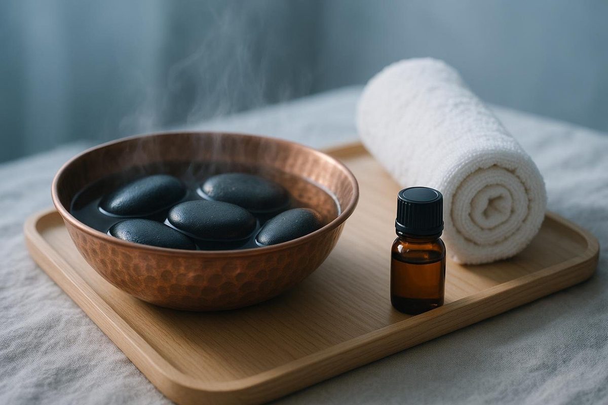 Smooth basalt stones warming in a copper bowl beside a rolled hot towel and an amber oil bottle