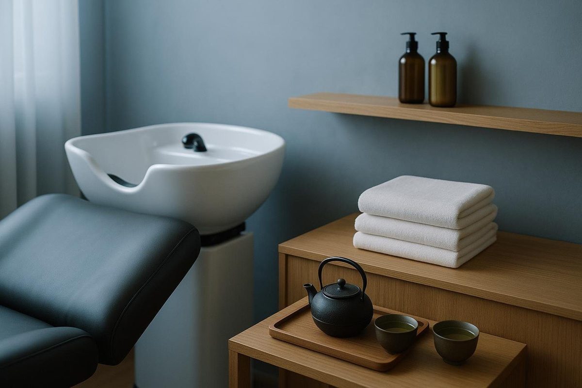 A head spa bed with a wash basin, folded white towels and a small teapot with two cups