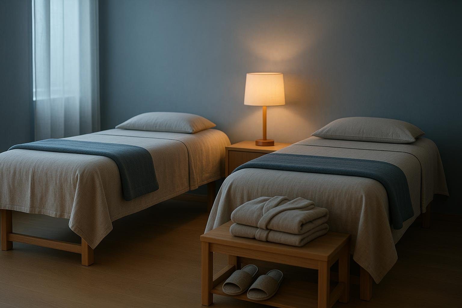 Two tables made up side by side in a lamp-lit room, with robes and slippers on a bench