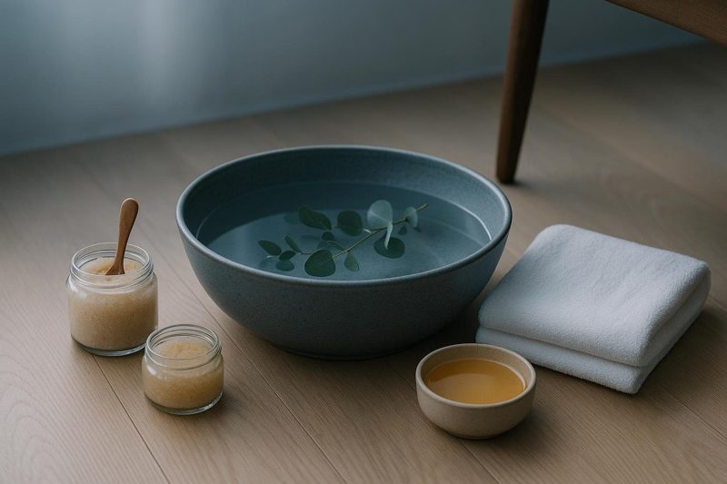A ceramic foot basin with eucalyptus, scrub and warm paraffin